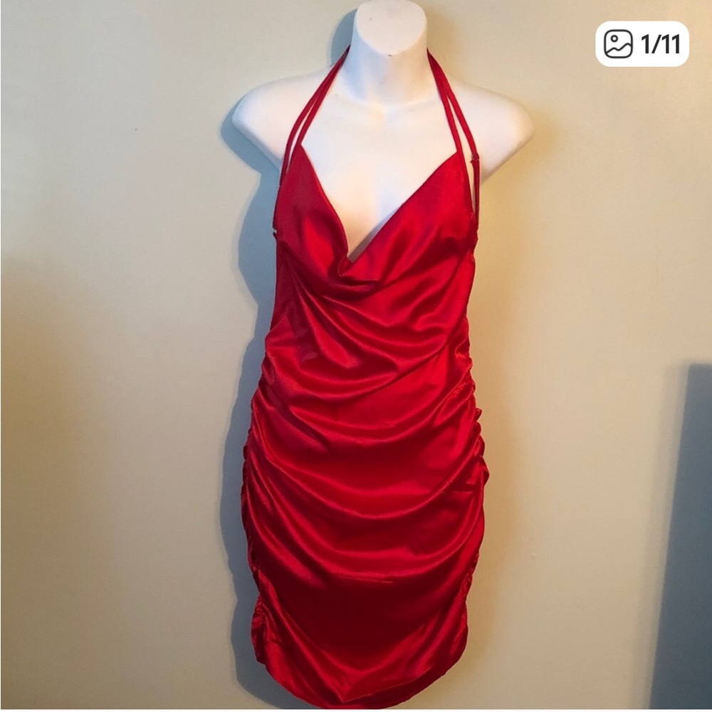 Red Satin Open-Neckline and Open-Back Gathered Style Silhouette Dress